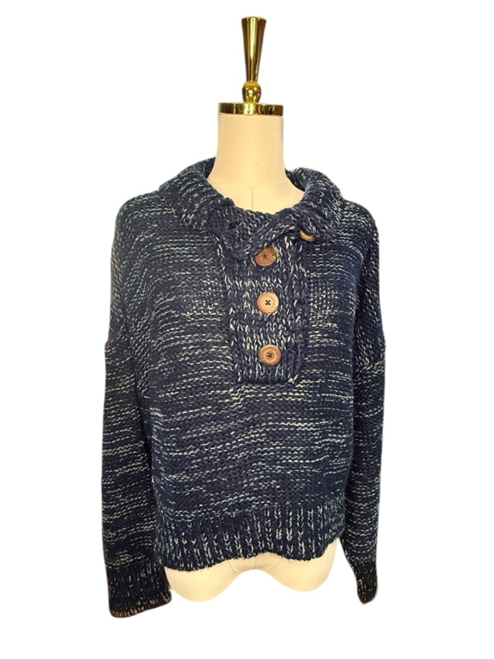 Pilcro Navy White Pink Mega Henley Marled Button-Front V-Neck Sweater Size S